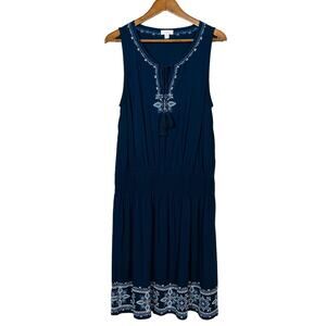 J Jill Halter Dress Navy Blue Embroidered Trim Keyhole Sleeveless Spring - M